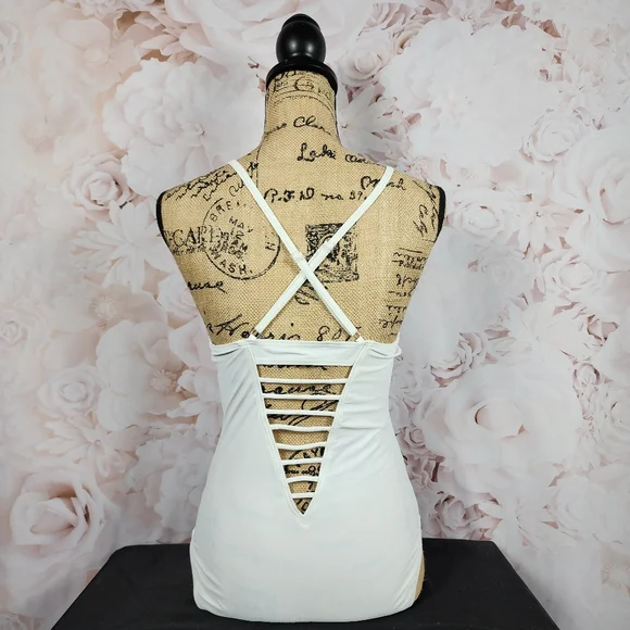 White Retro V-Neck One Piece Bathing Suit - Picture 4 of 10